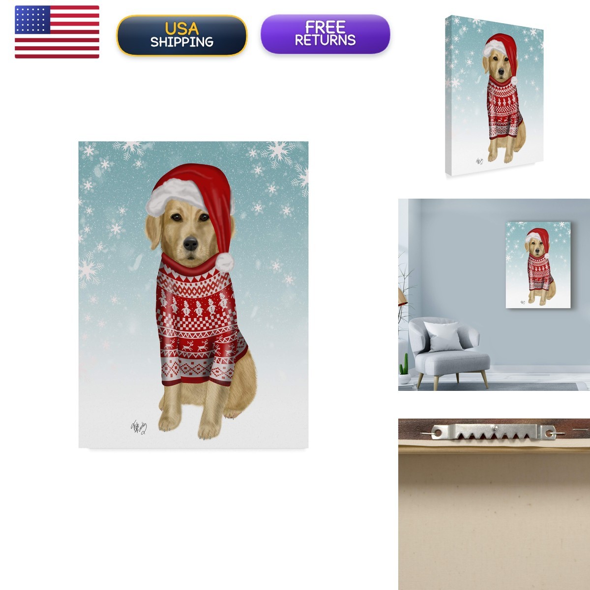 Trademark Fine Art Golden Retriever In Christmas Sweater By Fab Funky Trademark Fine Art Golden Retriever In Christmas Sweater By Fab Funky