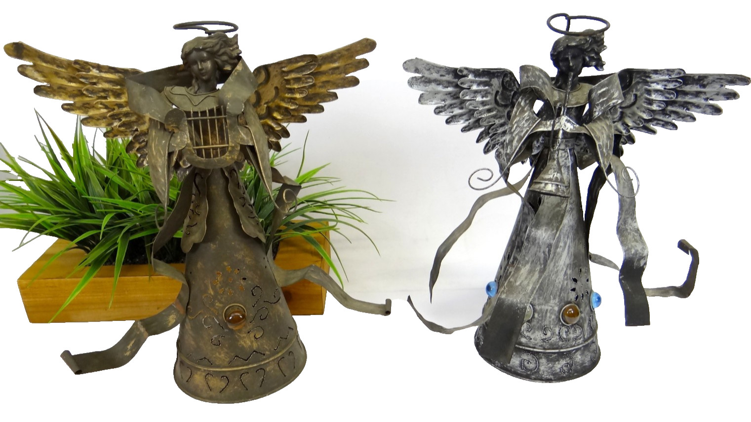 Large Rustic Metal Misical Angel Candle Holders Brass Silver Tealight Jewels VTG