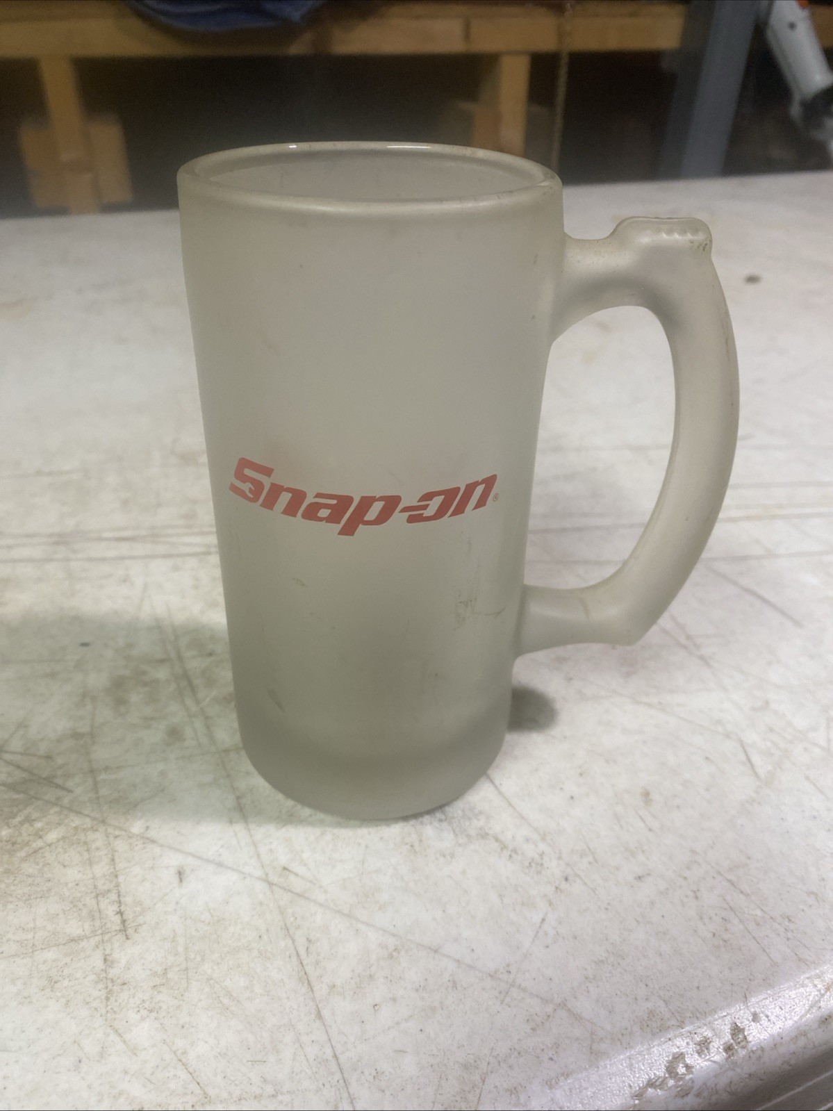 Vtg Snap-on Frosted Glass Beer Mug 5 1/2” Tall 12 oz Red Logo Tool Promo