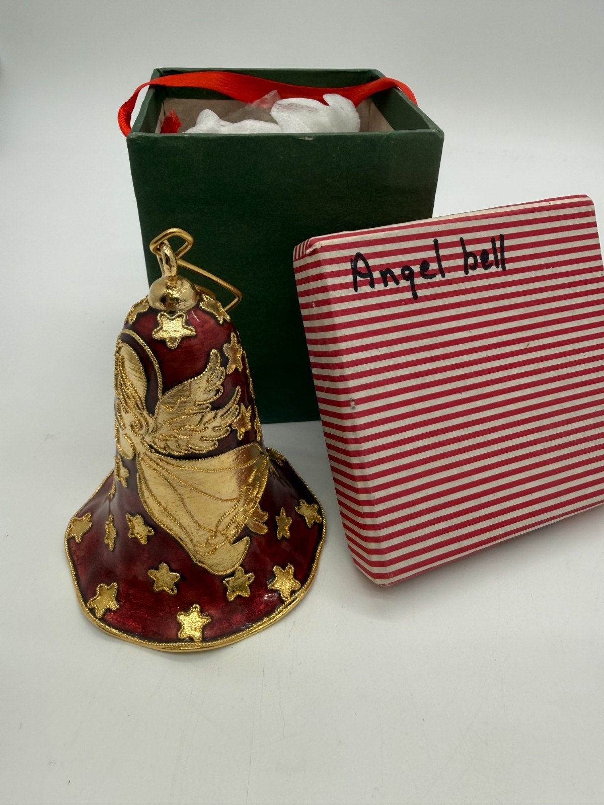 Vtg Red and Golden Angel and Stars Enamel Bell Holiday Christmas Decor Ornament 