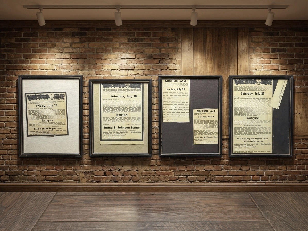 Lot of 4 Vintage 1970s Indiana Estate Auction Sale Newspaper Ad Flyers Framed