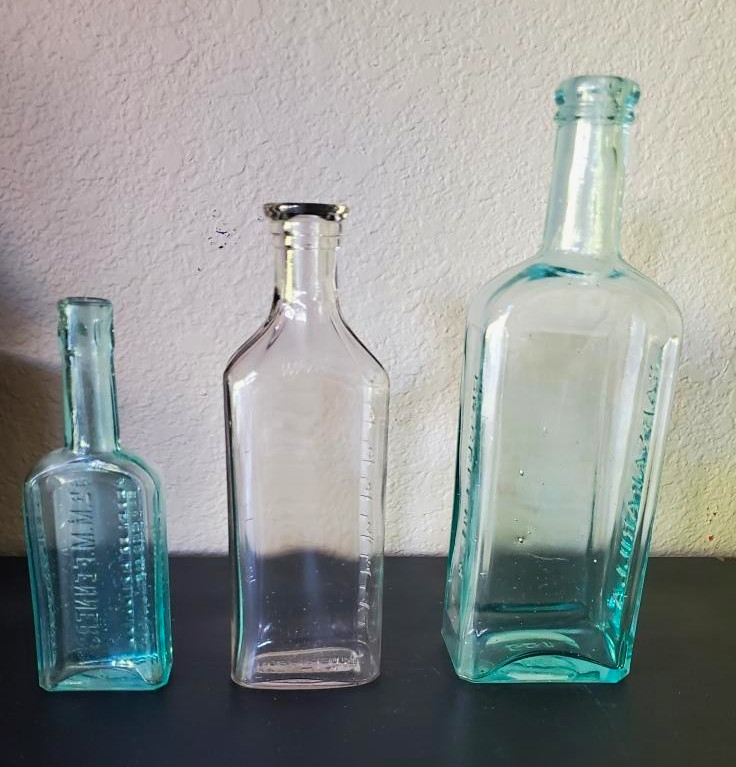 Lot of 3 Antique Embossed Glass Medicine Bottles, Aqua & Clear Colors