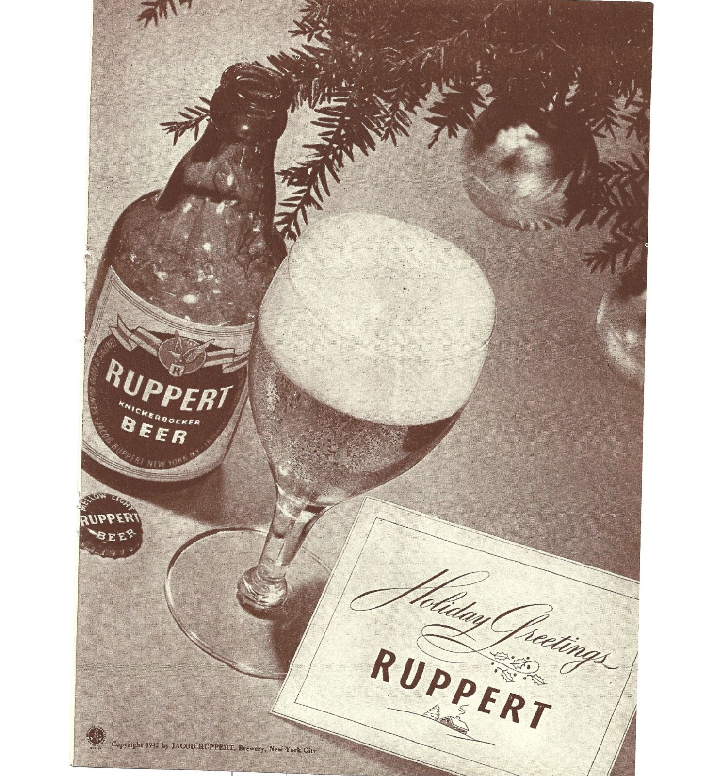 Print Ad Ruppert Knickerbocker Beer Holiday Greetings 1942 Vintage New York