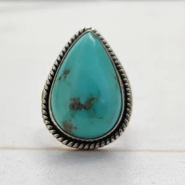 Pear-Cut Lab-Created Kingman Turquoise Bezel Ring 14k White Gold Plated Gift