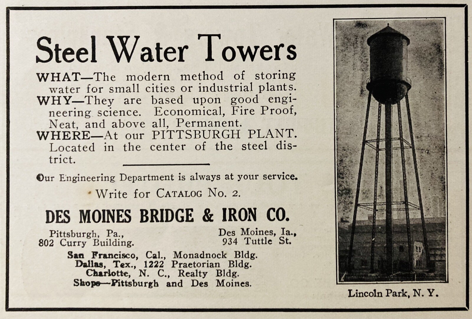1913 AD.(N14)~DES MOINES BRIDGE & IRON CO. DES MOINES, IOWA. STEEL WATER TOWERS 1913 AD.(N14)~DES MOINES BRIDGE & IRON CO. DES MOINES, IOWA. STEEL WATER TOWERS