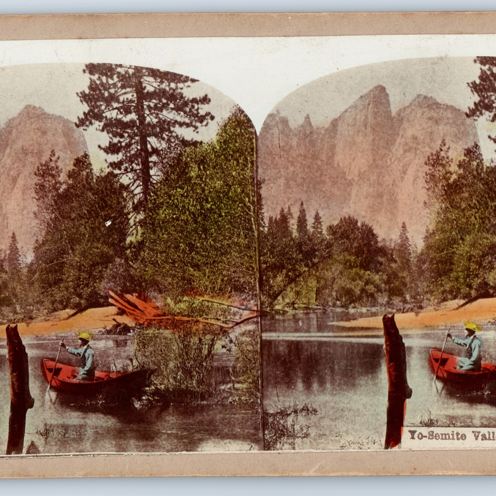 c1880s Yosemite Valley, CA California Man Canoe Lake Yo-Semite Stereoview Photo