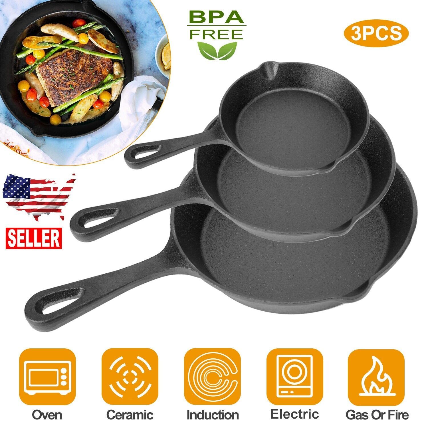 3Pcs Pre-Seasoned Cast Iron Skillet Set 6\