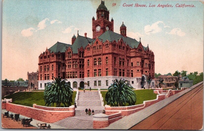 c1910s LOS ANGELES, California Postcard L.A. County Court House, Street View