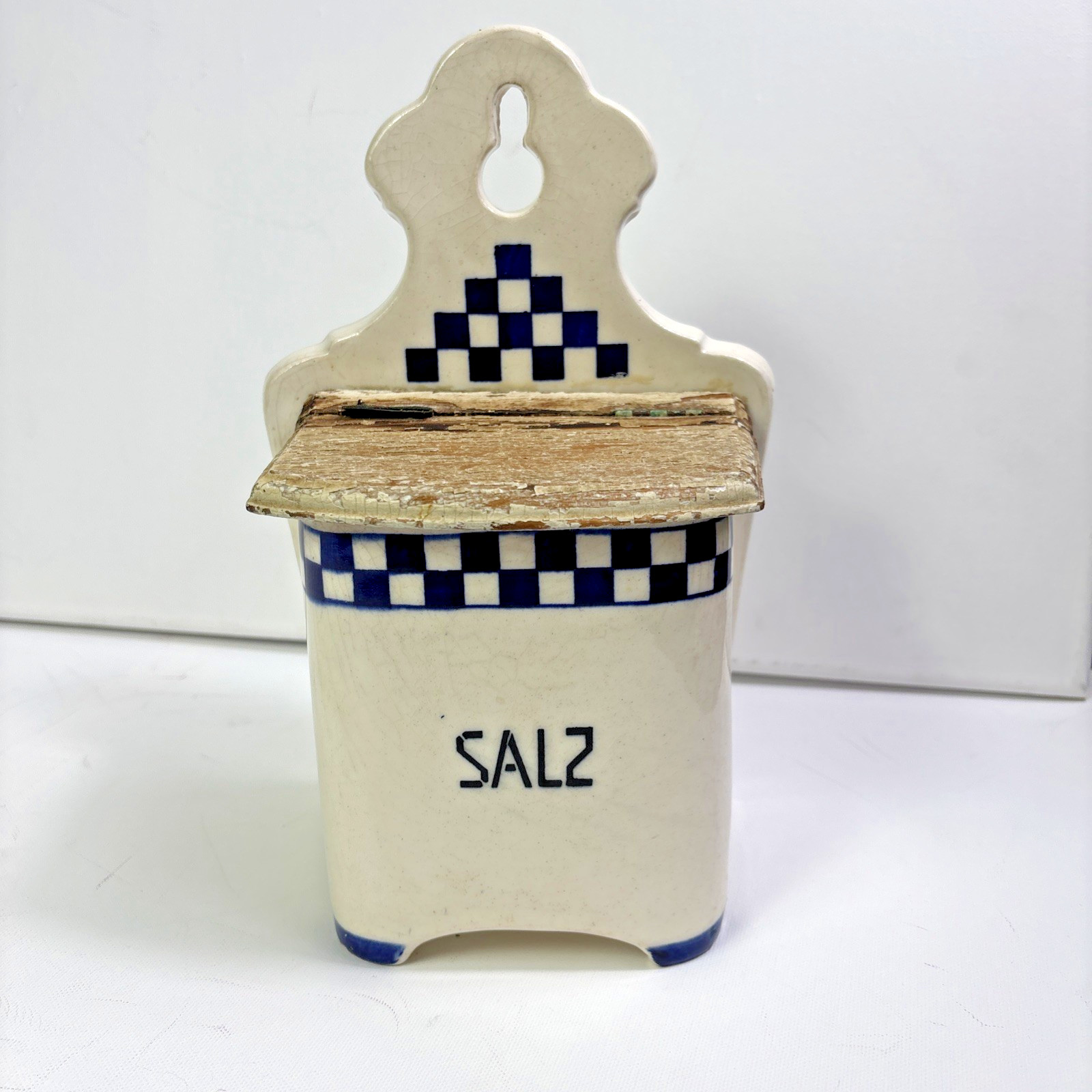 Vintage Stoneware Salt (Salz) Box Wood Lid 10\