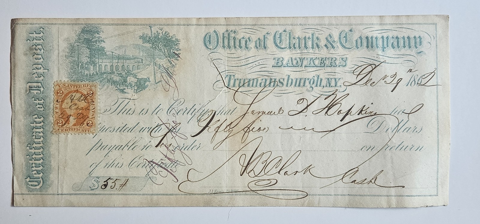 Office of Clark and Company Bankers Trumansburg NY Check Dated 1862