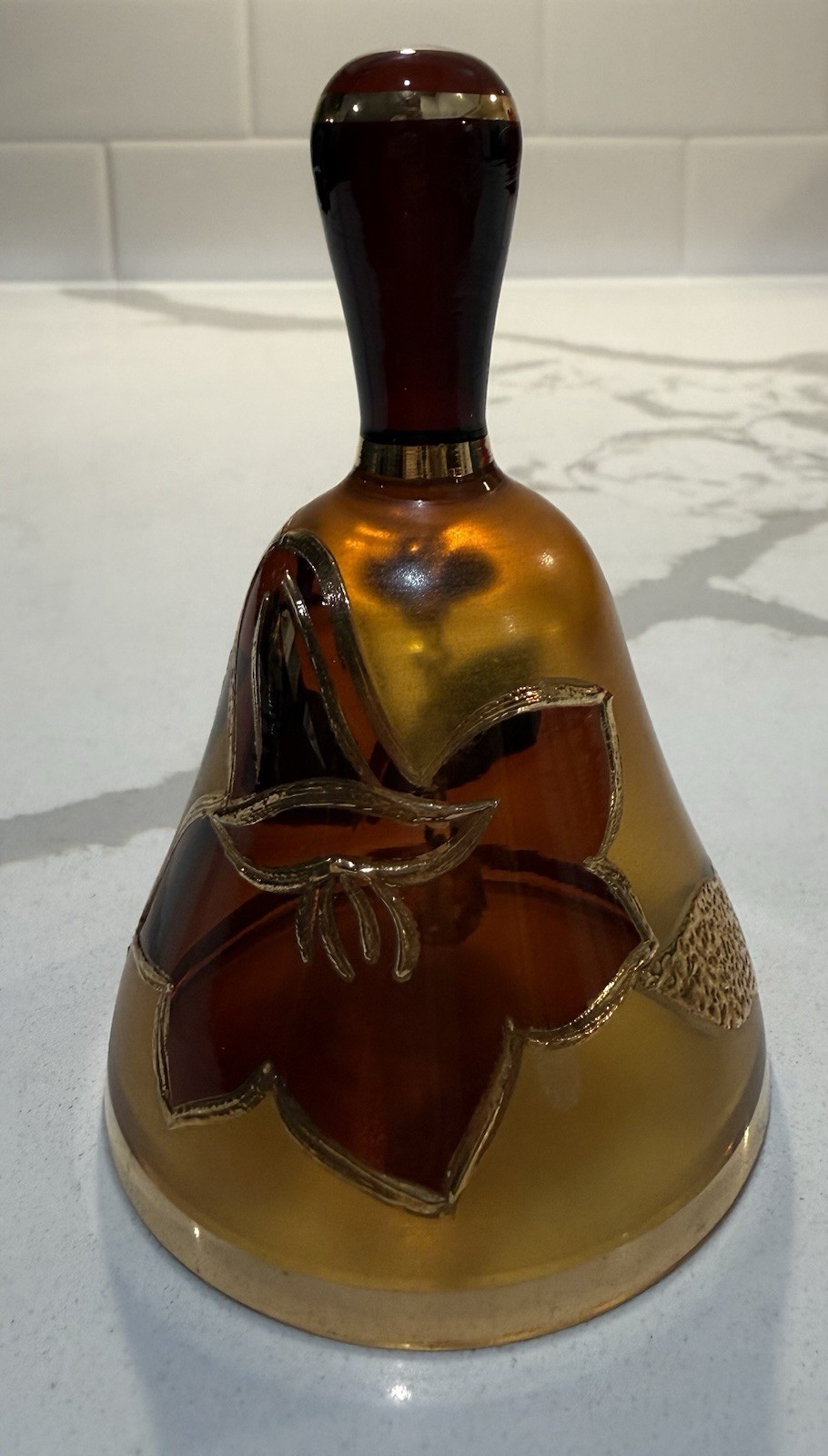 Bohemian Czech Glass Floral Bell Hand Painted Root Beer Amber Gold Gilt