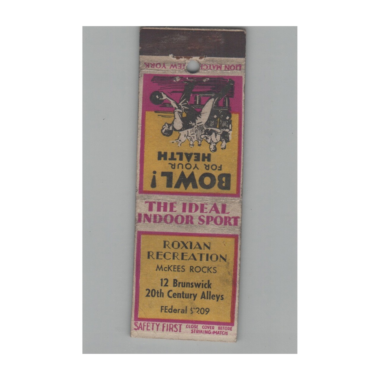 Matchbook Cover 1920s Safety First Roxian Recreation Bowling McKees Rocks PA