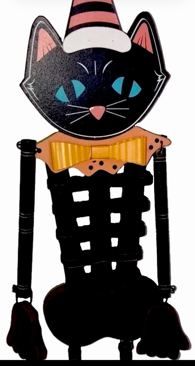 Cute Hanging Johanna Parker Black Cat  Wood Marionette Style Halloween 32”