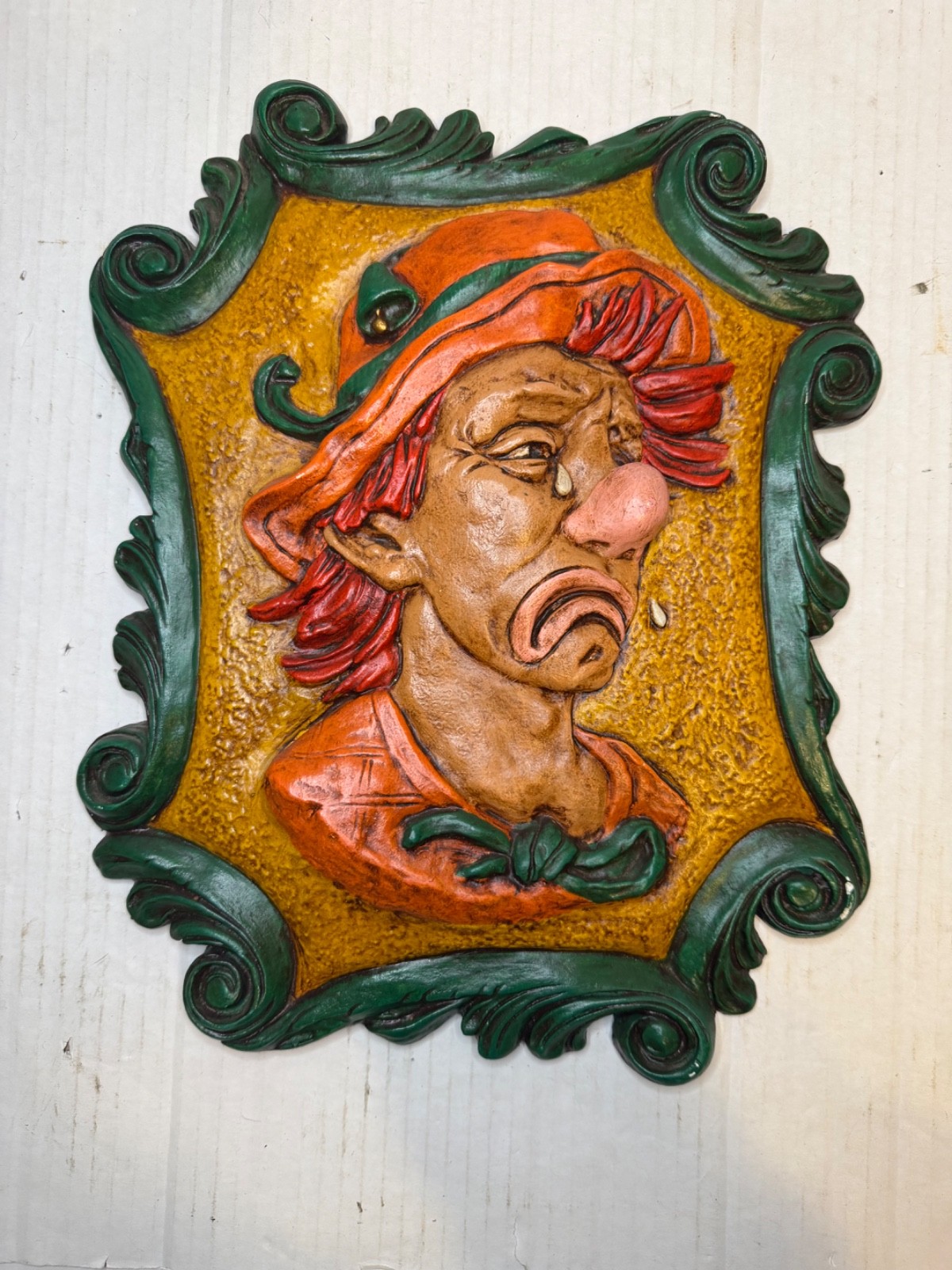 Vintage Mid Century Crying Clown Chalkware Wall Plaque 3D