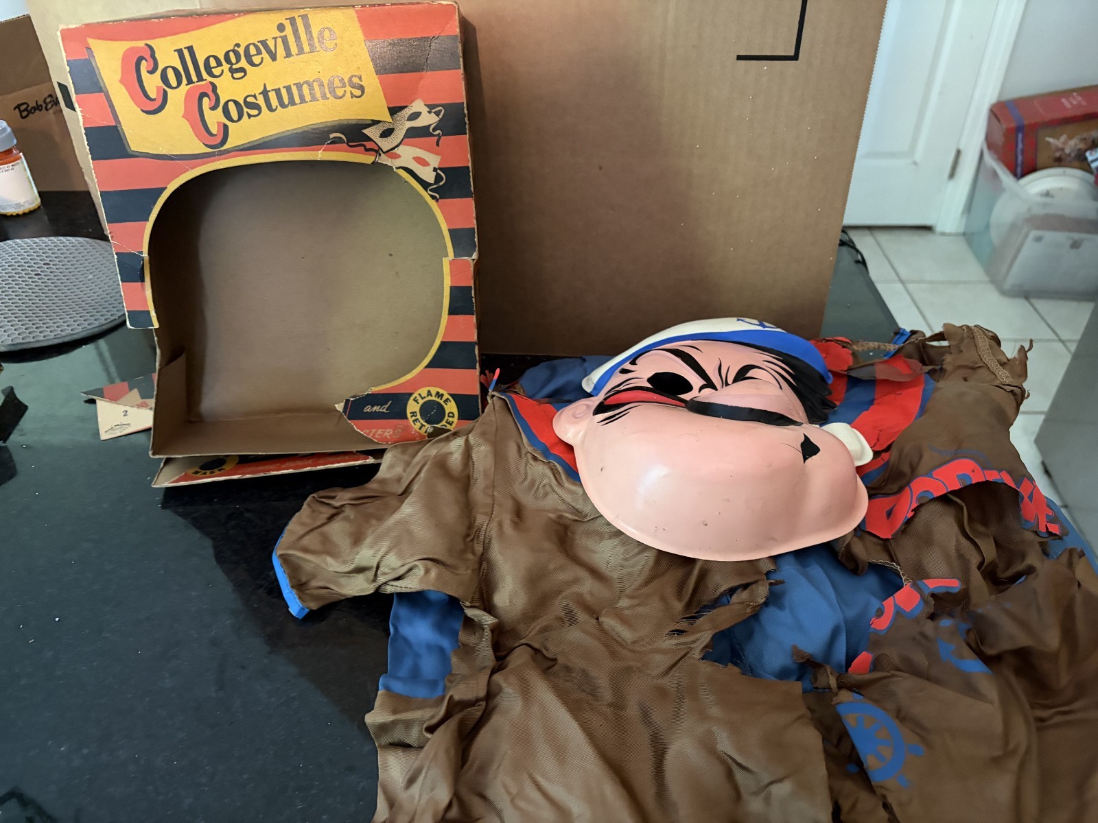 Vintage Collegeville Popeye Halloween Costume Mask Outfit Original Box Fragile