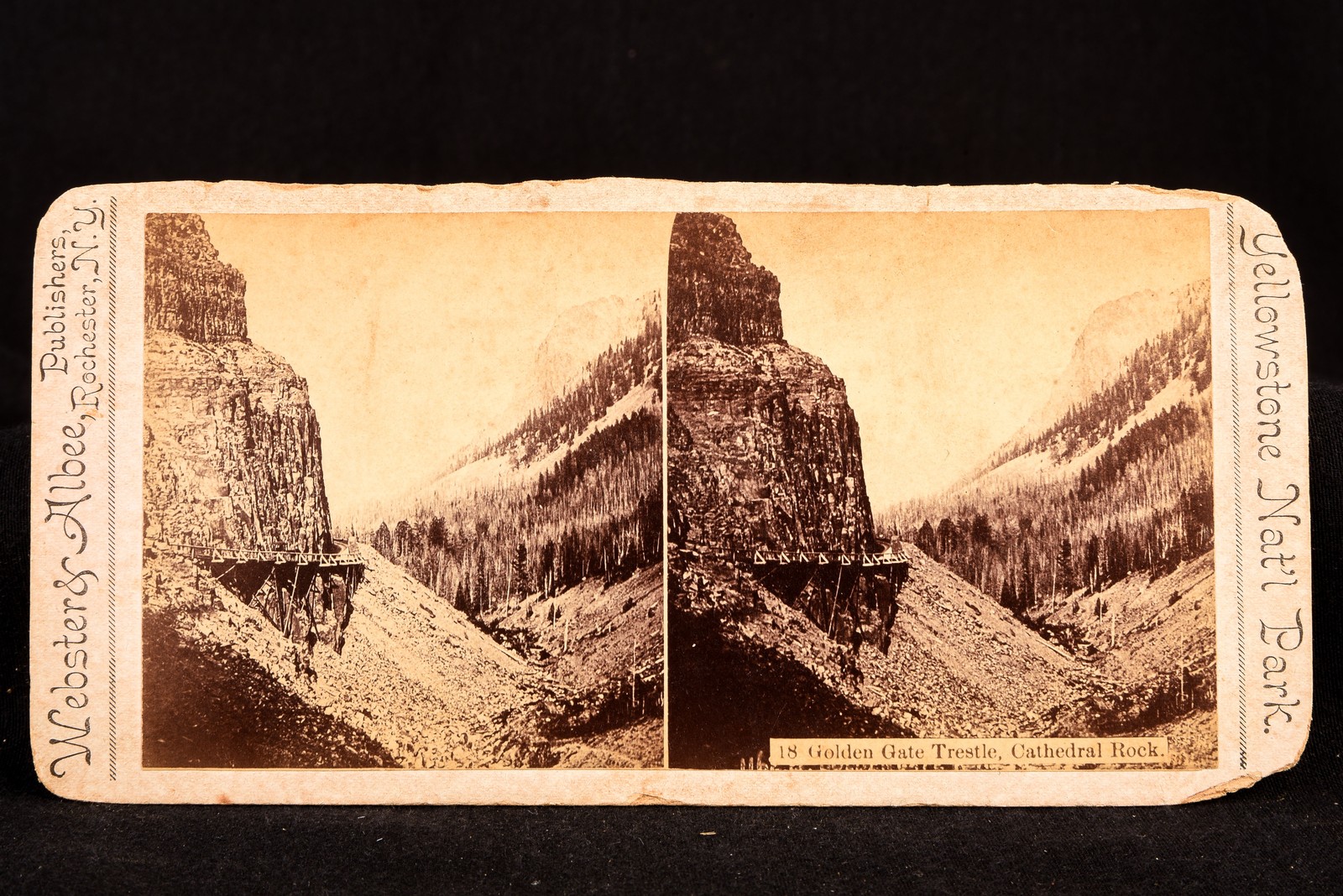 1880s Yellowstone Nat’l Park Cathedral Rock Golden Gate Trestle Stereo Photo V27