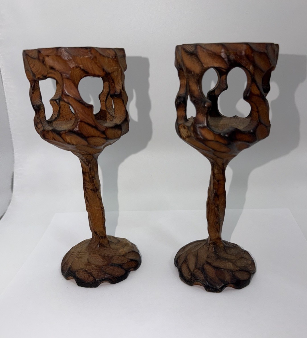 Vintage Hand Carved Wood Reticulated Candle Holders Pair Goblet Chalice Folk Art Vintage Hand Carved Wood Reticulated Candle Holders Pair Goblet Chalice Folk Art