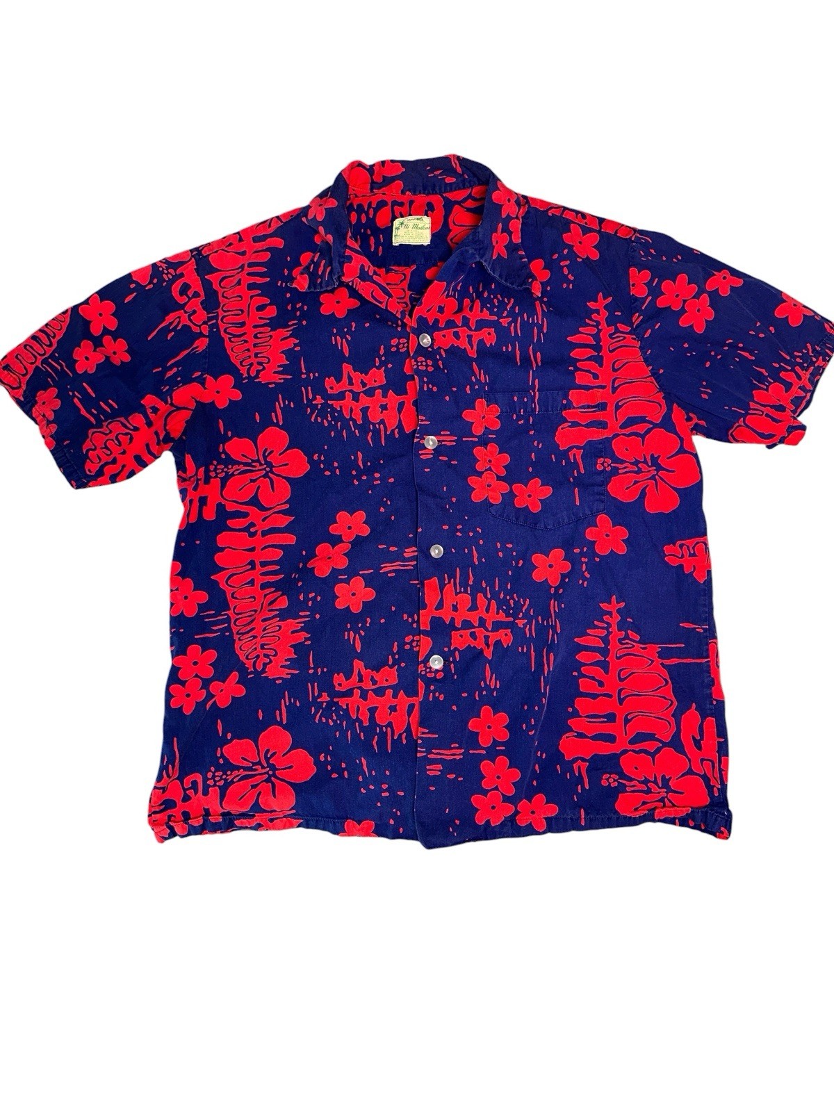VTG 60s Ui-Maikai Hawaiian Shirt L Cotton Barkcloth Red Navy Tiki Aloha Vintage
