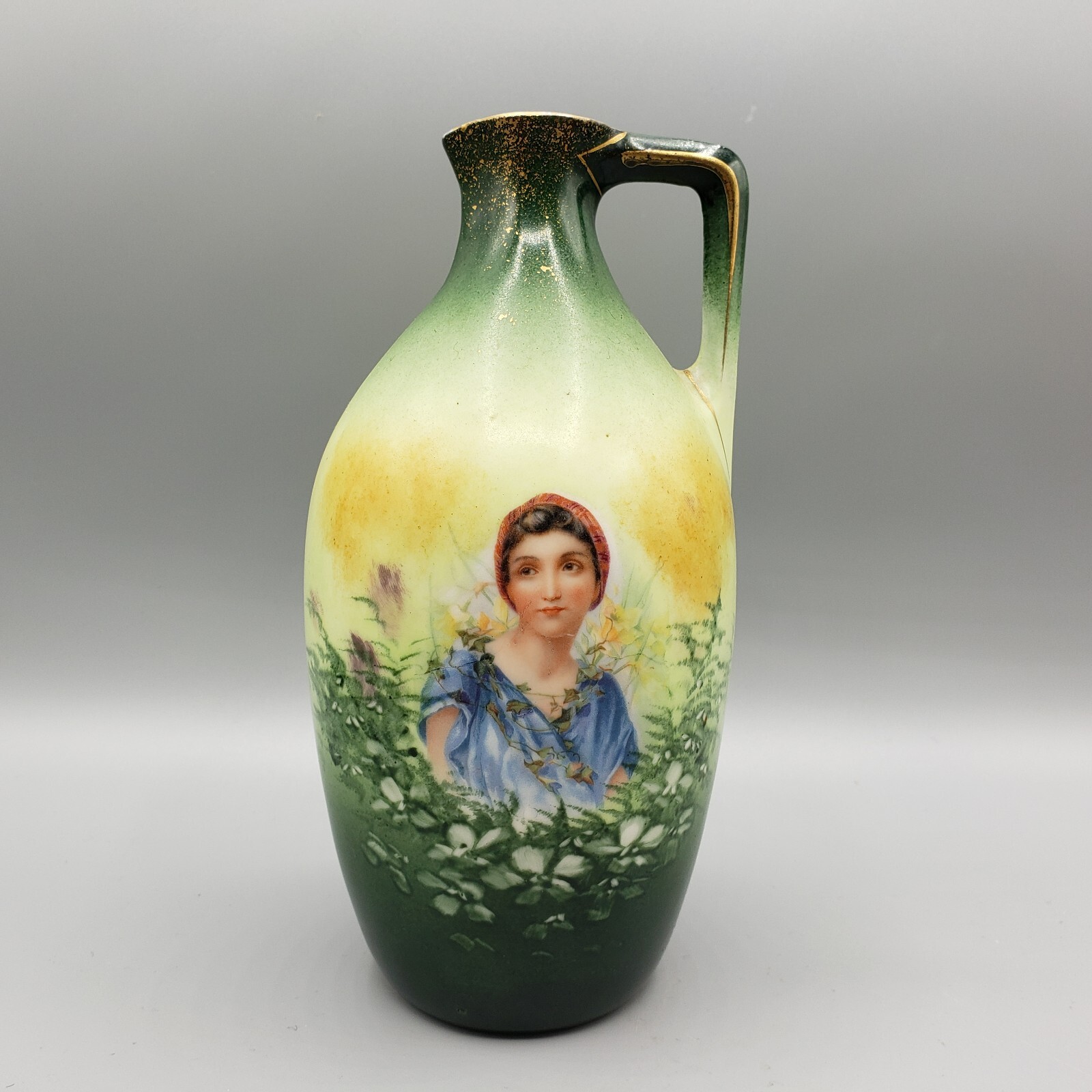 Vintage Austria Ewer Vase Maiden in Field of Flowers Green Pitcher Jug Porcelain