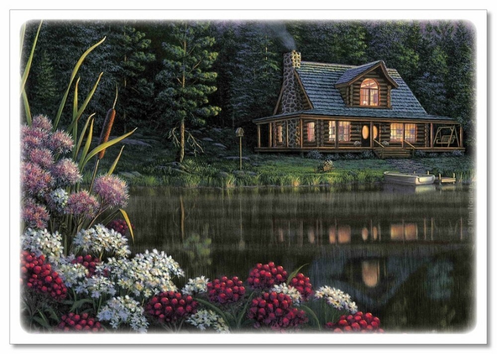 Cottage on the banks of the river Boat Flowers Landscape NEW modern postcard