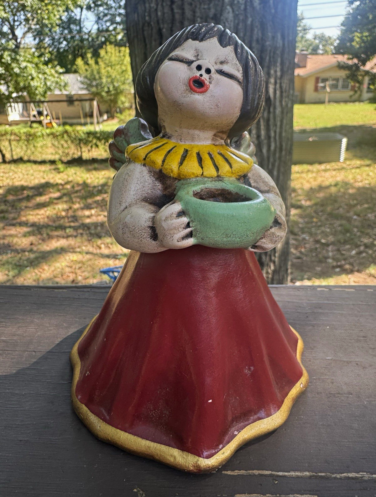 THUN Handmade Hand Painted Ceramic Angel Girl Candle Holder Red Small 6”
