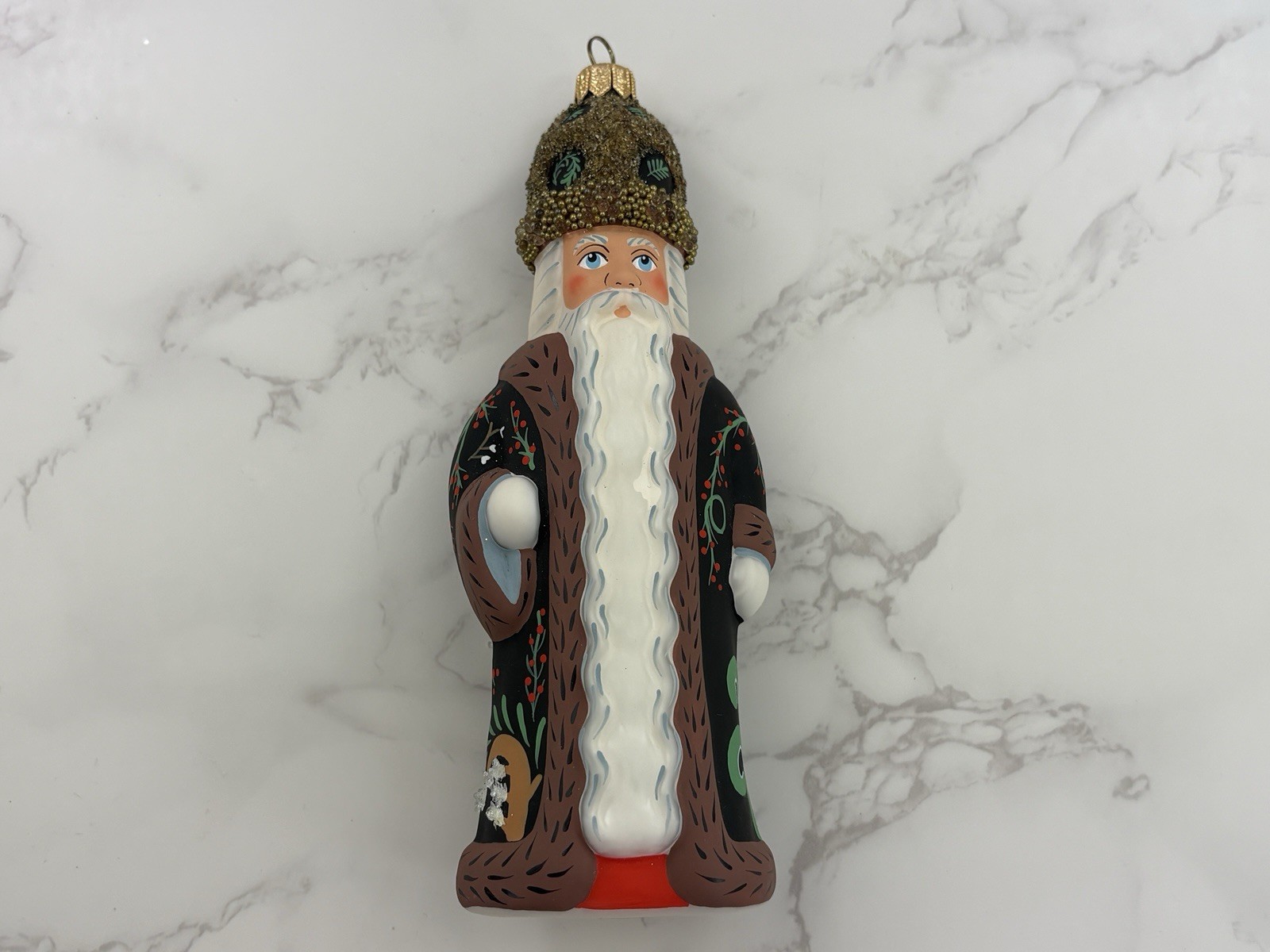 Vaillancourt Folk Art Hand Painted Glass Santa Ornament Black Coat Long Beard