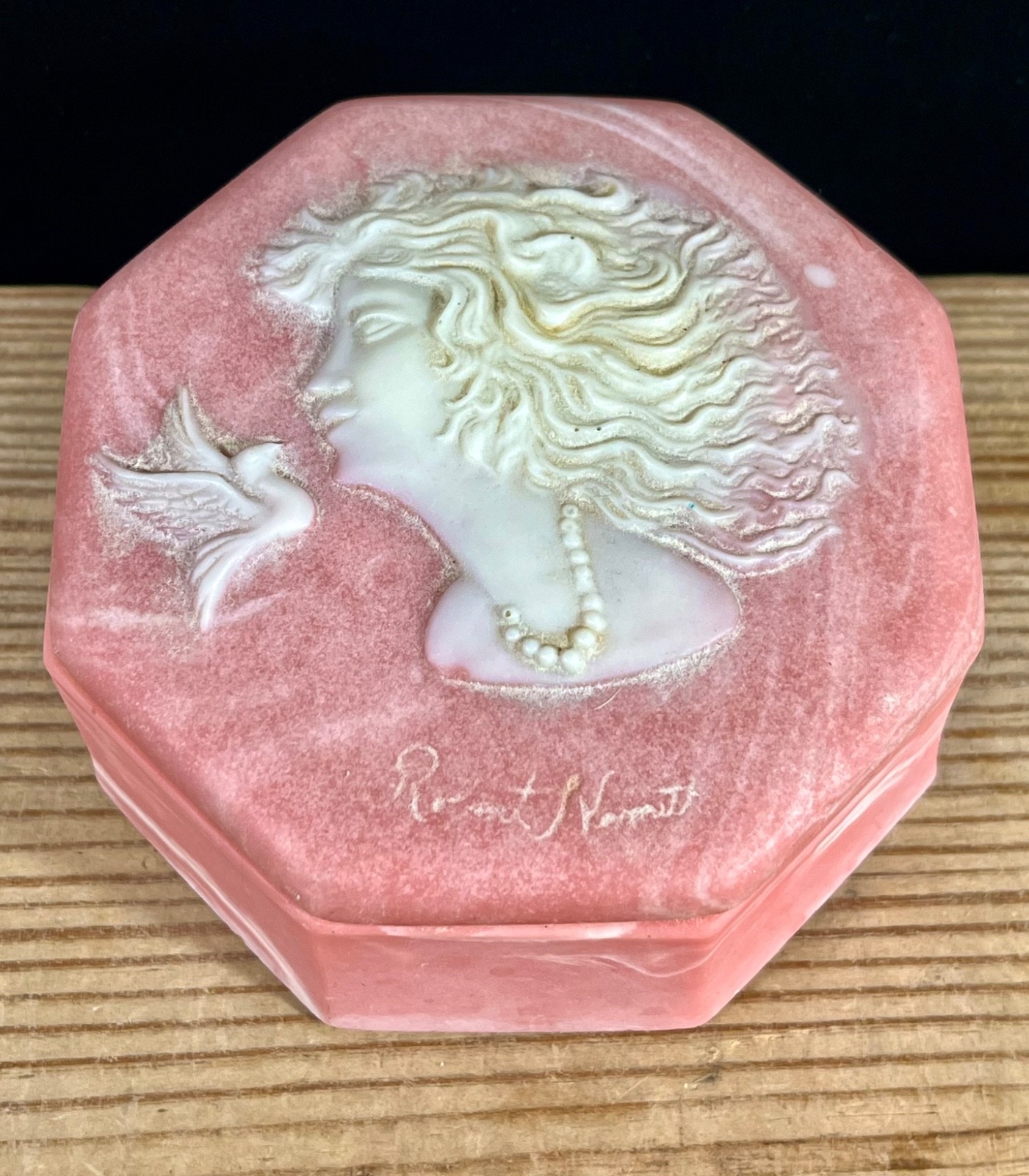 Vintage Incolay Stone Jewelry Box Cameo Lady Relief Signed Trinket Box USA