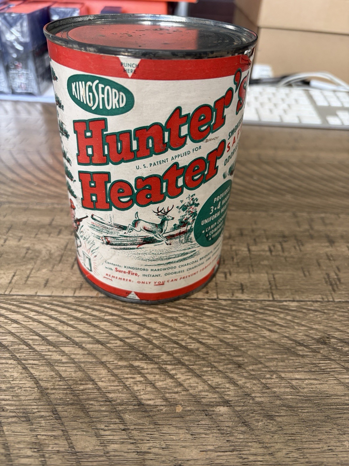 Vintage Kingsford Hunter's Heater Sealed Can Camping Classic Graphics Iron Mtn.