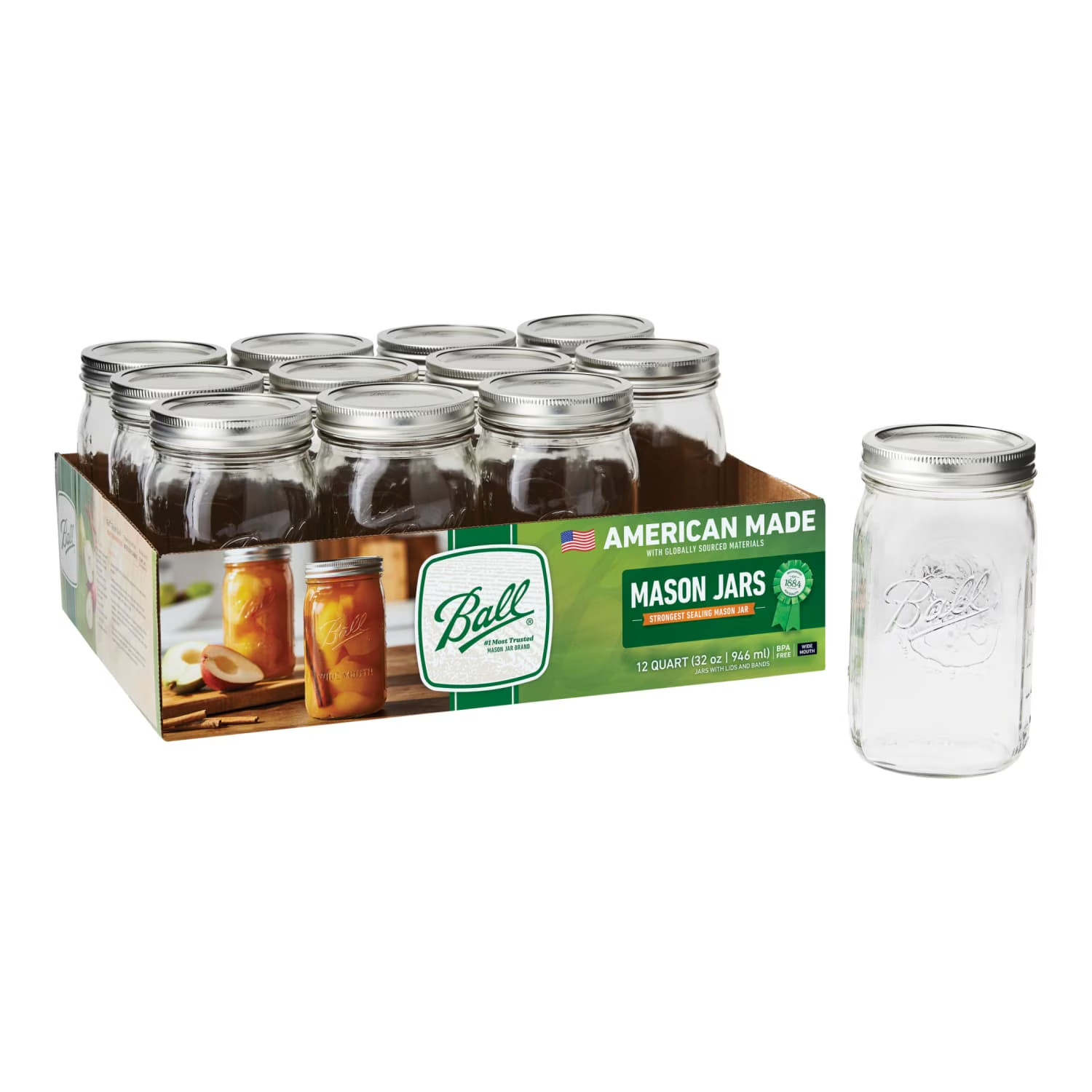 32 Oz Mason Jars, Wide Mouth Quart Canning Jars with Lids and Rings, 12-Pack Lar