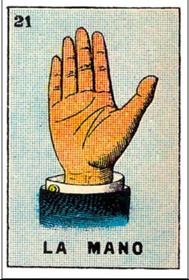 La Mano Postcard, La Loteria Mexicana, card 21, 4 La Mano Postcard, La Loteria Mexicana, card 21, 4