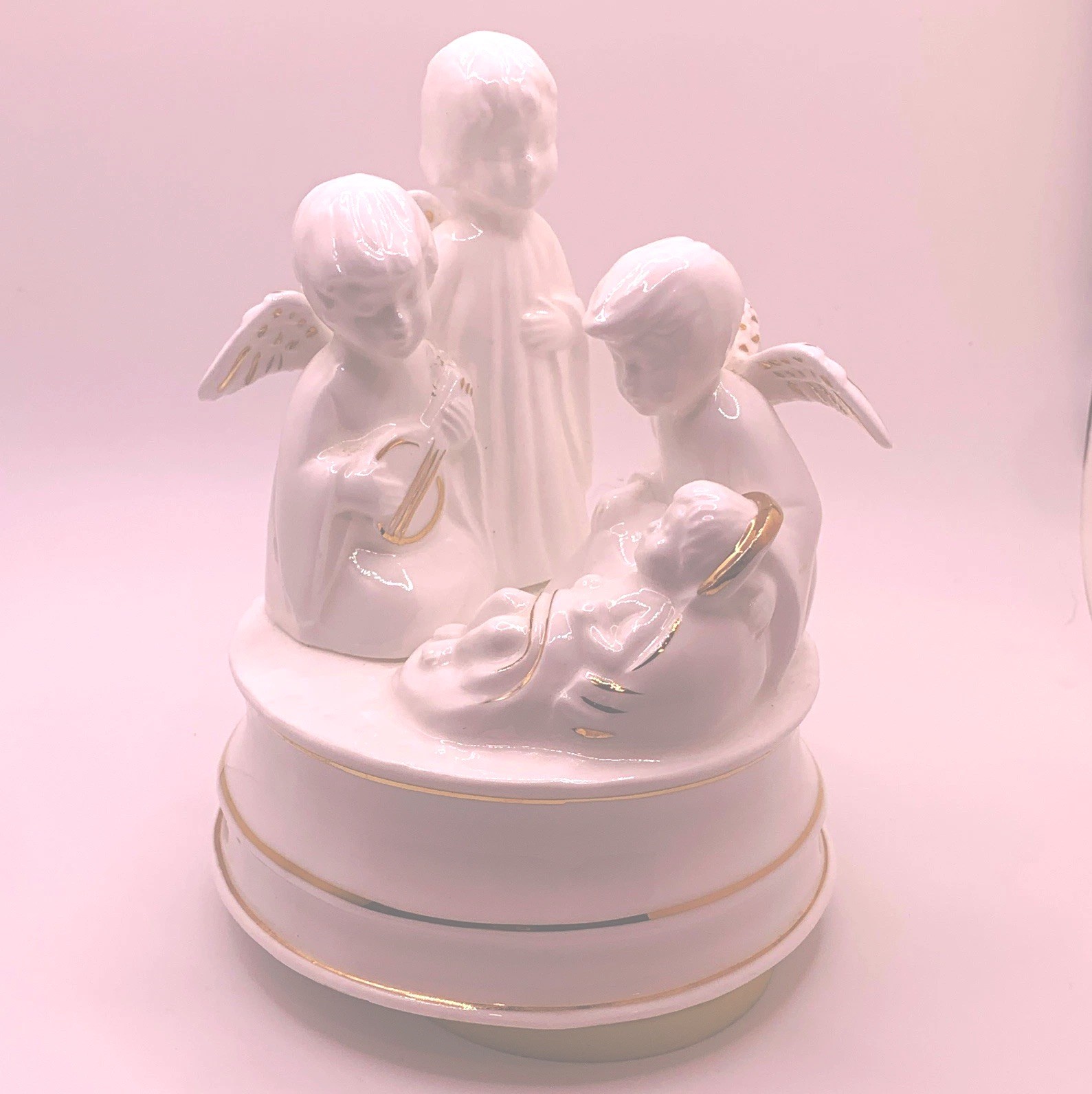 Schmid Ceramic Angels Baby Jesus SILENT NIGHT Music Box White Gold VTG Japan Schmid Ceramic Angels Baby Jesus SILENT NIGHT Music Box White Gold VTG Japan