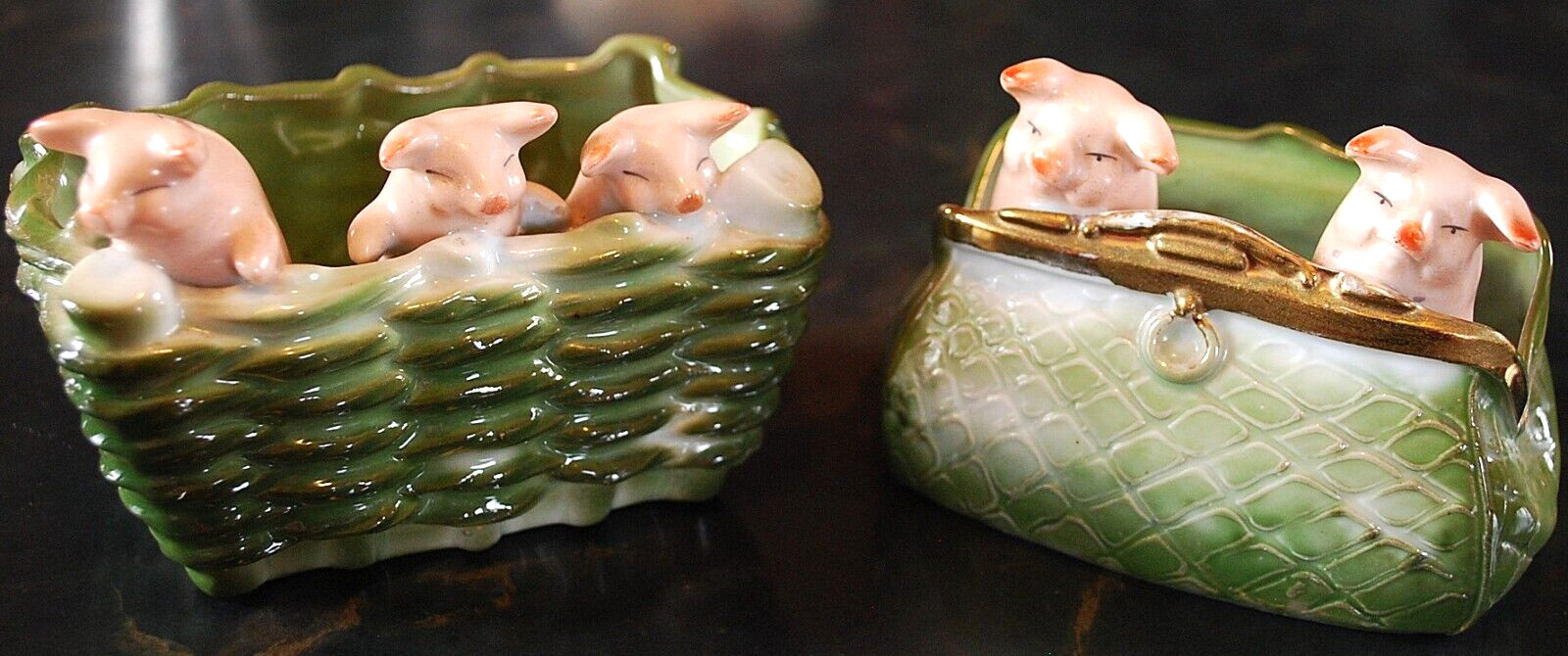 SET 2 Antique Hand Painted SUPERB Porcelain Figurines FAIRING PIGS Germany EXC