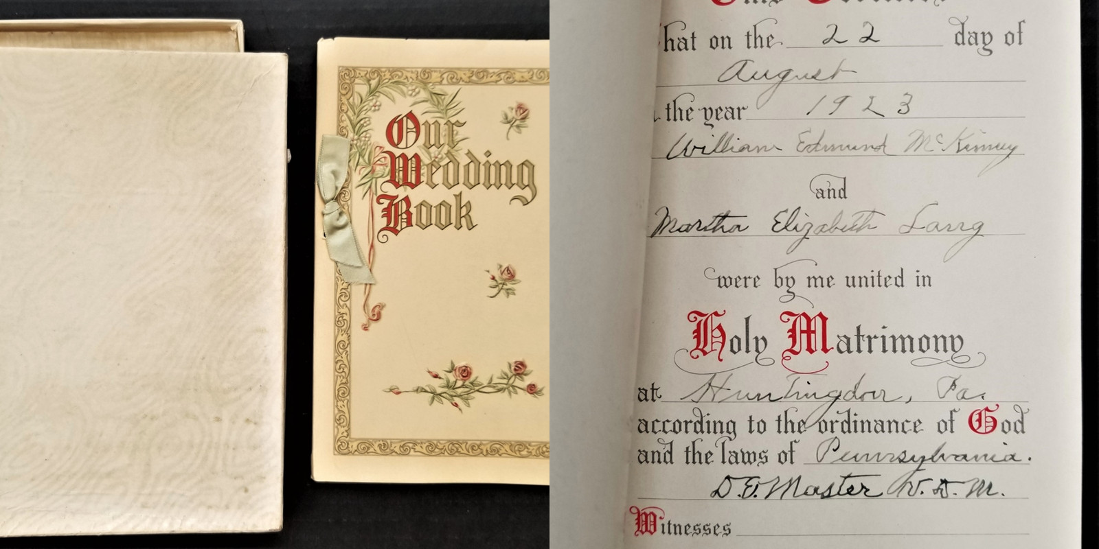 1923 antique WEDDING huntingdon pa William McKINNEY Martha LANG CERTIFICATE BOOK