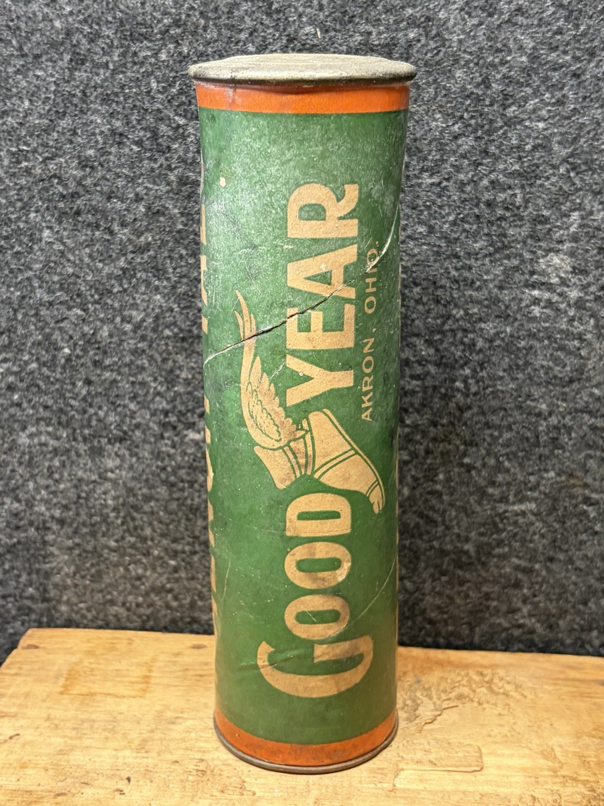 Antique 1920s Goodyear Tires French Talc Powder Advertising Paper Label Tin Can