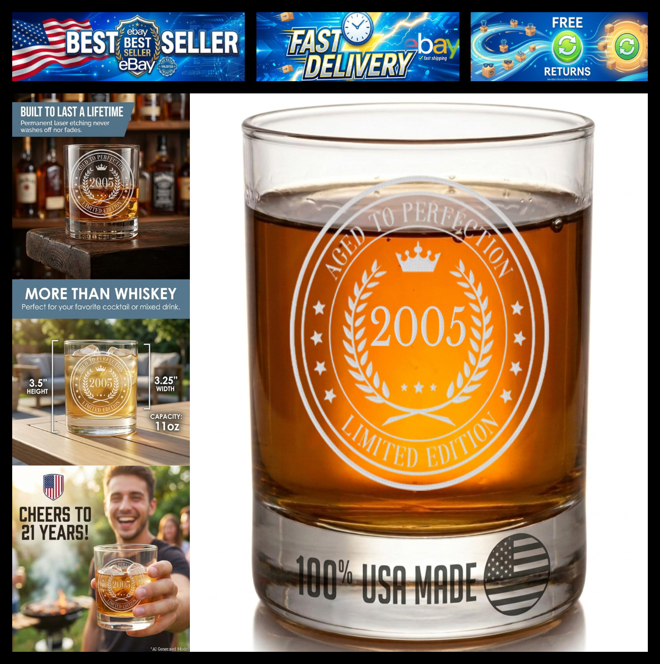 Vintage 2005 Engraved Whiskey Glass 21st birthday gifts for him her circle