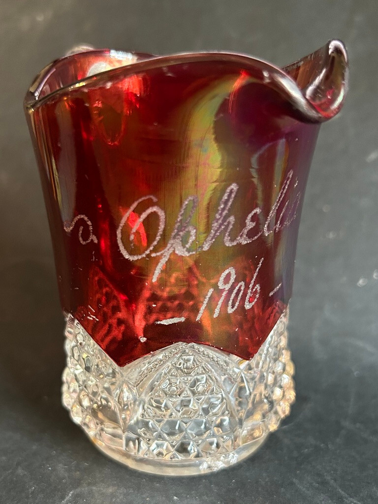 Ruby Red Cranberry Glass Creamer Pitcher Souvenir  with Name - Ophelia 1906