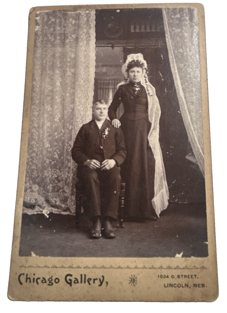 Vintage 1890 Cabinet Card Husband Sitting Victorian Wife Wedding Dress