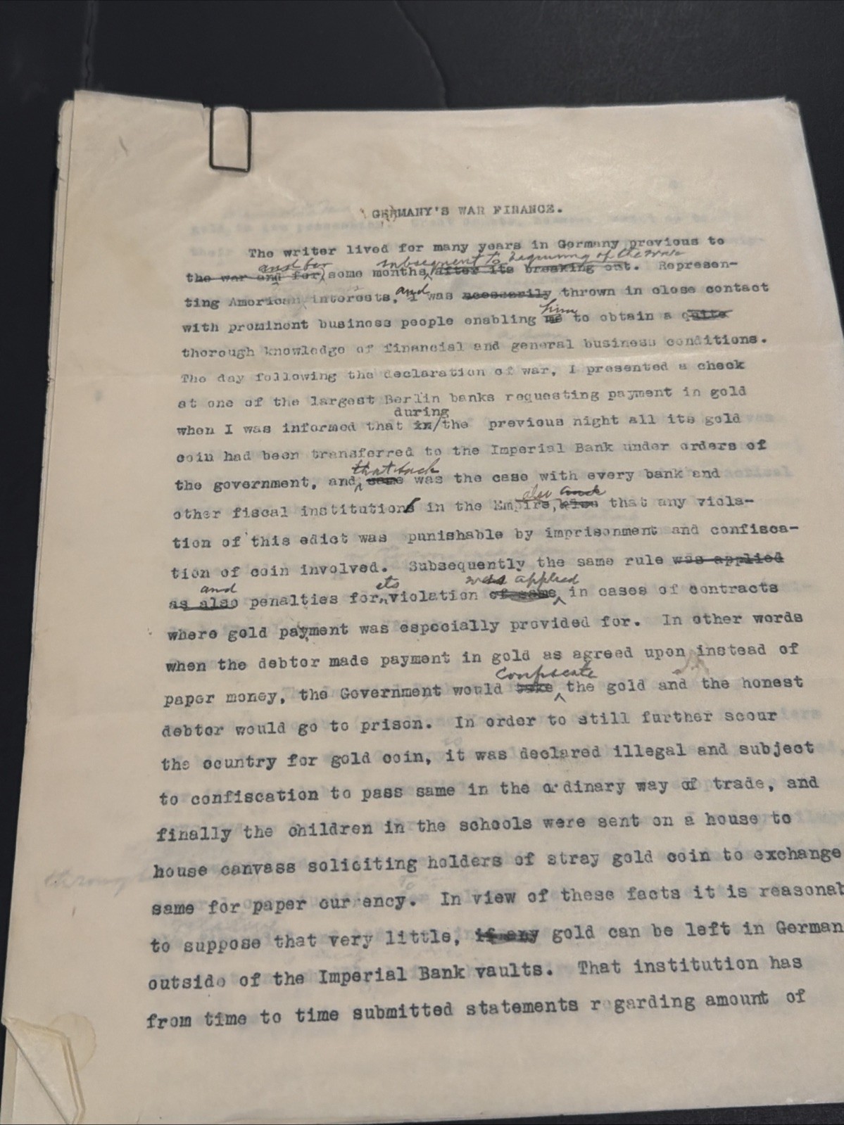 WWI Germany War Finance Manuscript Reichsbank Gold Central Bank BernardGoldsmith