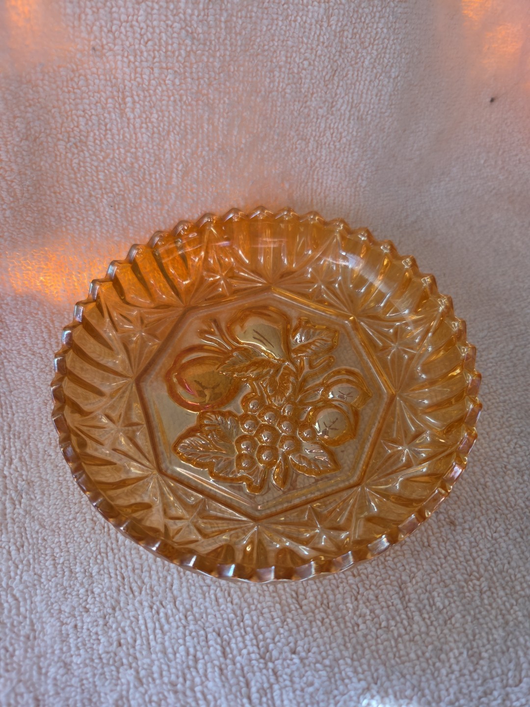 Dugan Style Carnival Glass Marigold Sawtooth Rim Fruit Design Bowl/Trinket Dish