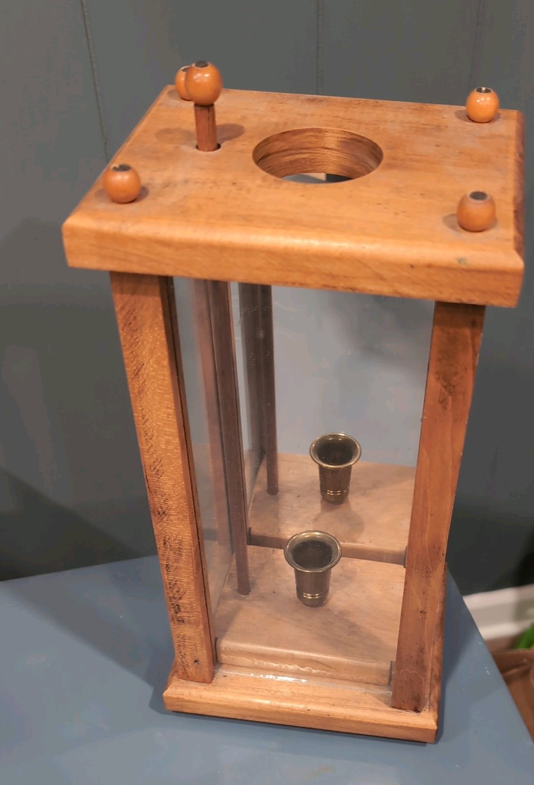 Vintage Wood Candle Lantern with Candle Lift Rustic Candle Lantern  - Wooden Rod