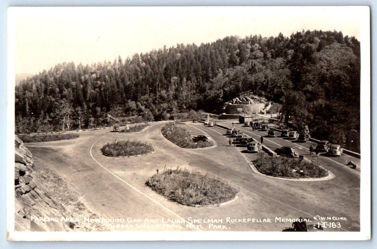 c1940's Parking Area Newfound Gap Rockefellar Memorial Cline RPPC Photo Postcard