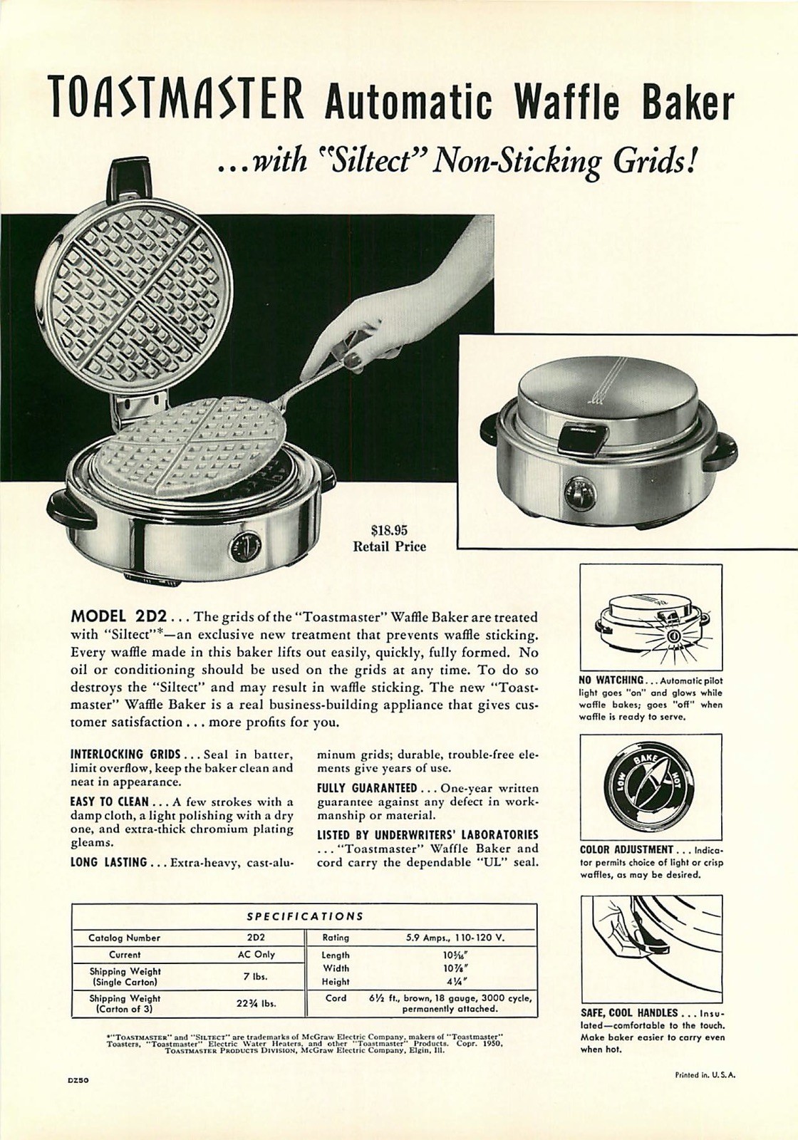 1950 Toastmaster Automatic Waffle Baker   - Print Ad: 2 Sided Catalog Sheet