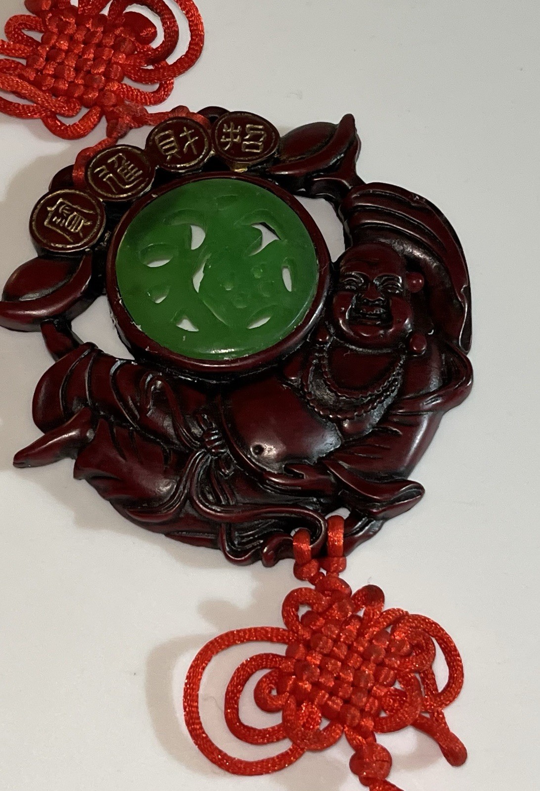 Oriental Smiling Buddah HANGING CARVED RESIN FAUX-JADE WALL ART PIECE