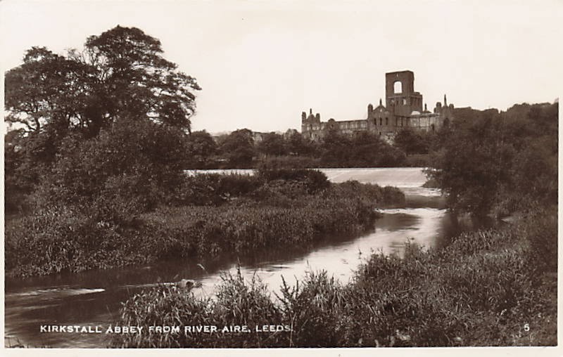 Postcard England: RPPC Kirkstall Abbey from River Aire, Leeds Postcard England: RPPC Kirkstall Abbey from River Aire, Leeds