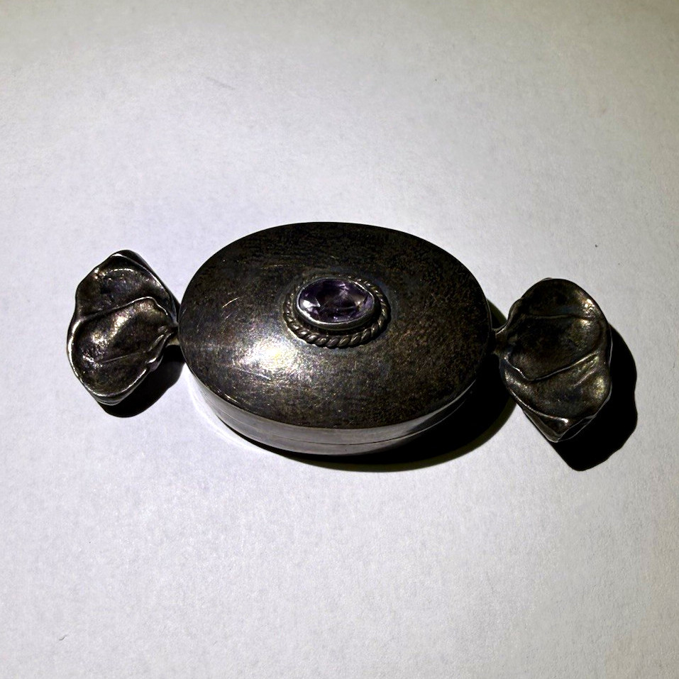 Sterling Silver 925 Hinged Candy-Shaped Oval Pill Box w/ Amethyst Stone, 2.25 in