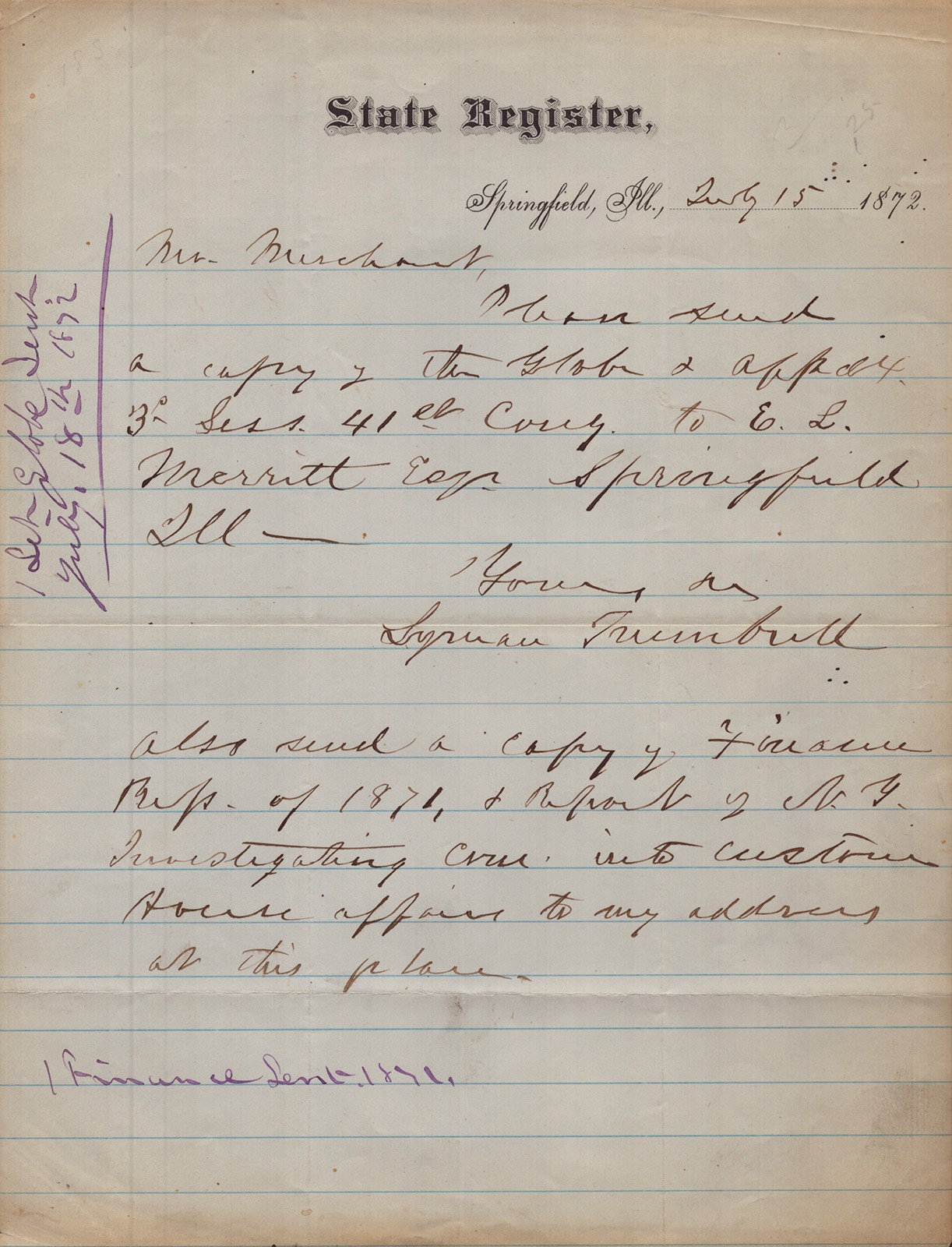 LYMAN TRUMBULL - AUTOGRAPH LETTER SIGNED 07/15/1872
