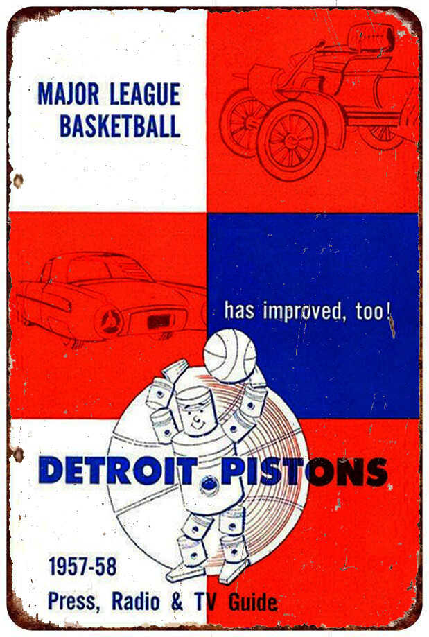 1957- 1958 Detroit Pistons Basketball Press Guide Cover Reproduction Metal sign