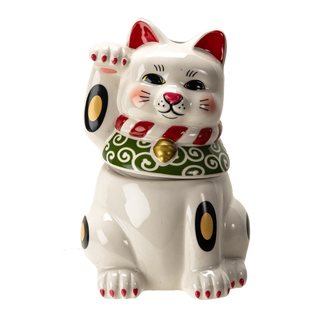 PT Maneki Neko White Cat Hand Painted Ceramic Cookie Jar