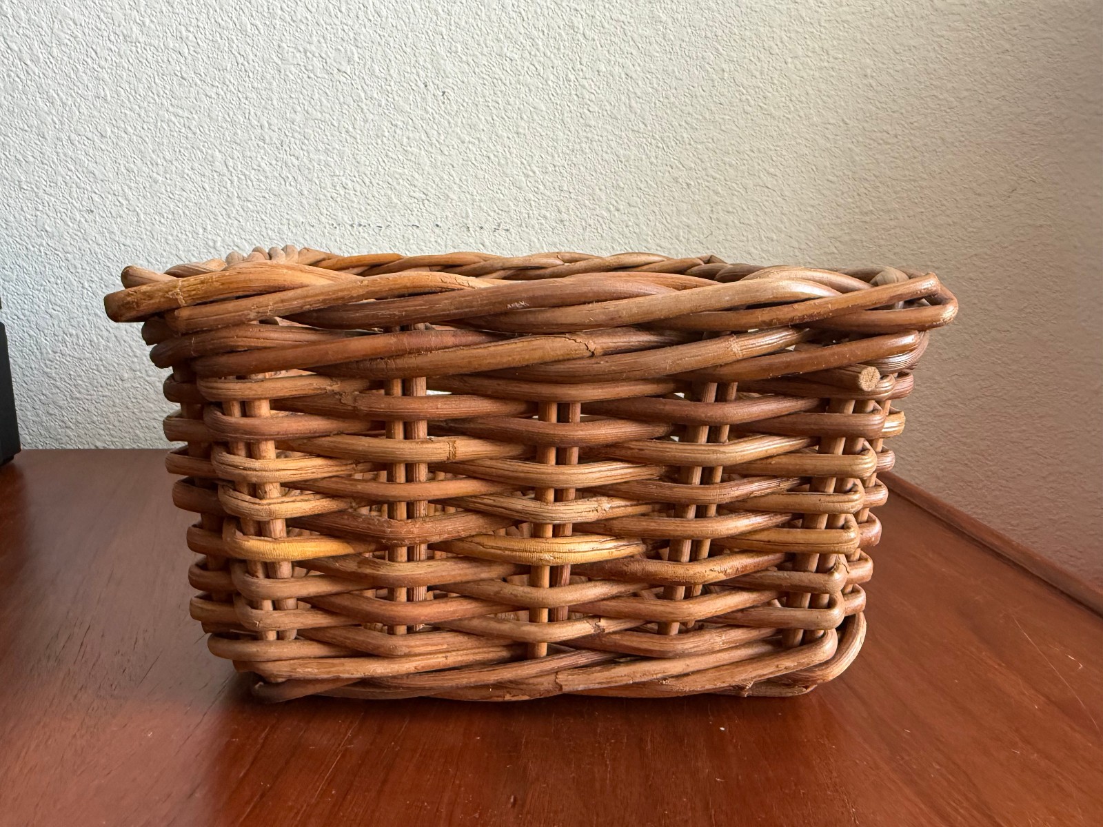Vintage Wicker Rattan French Provincial Style Sturdy Hand Woven Basket ~ 10” Sq
