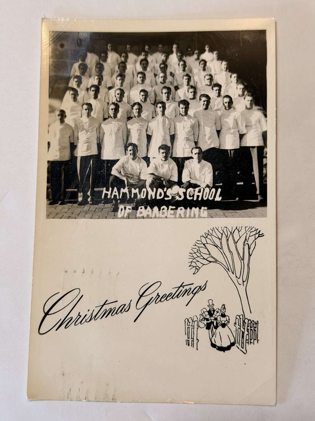 1947 Johnstown PA Hammond School of Barbering RPPC Vintage Christmas Postcard
